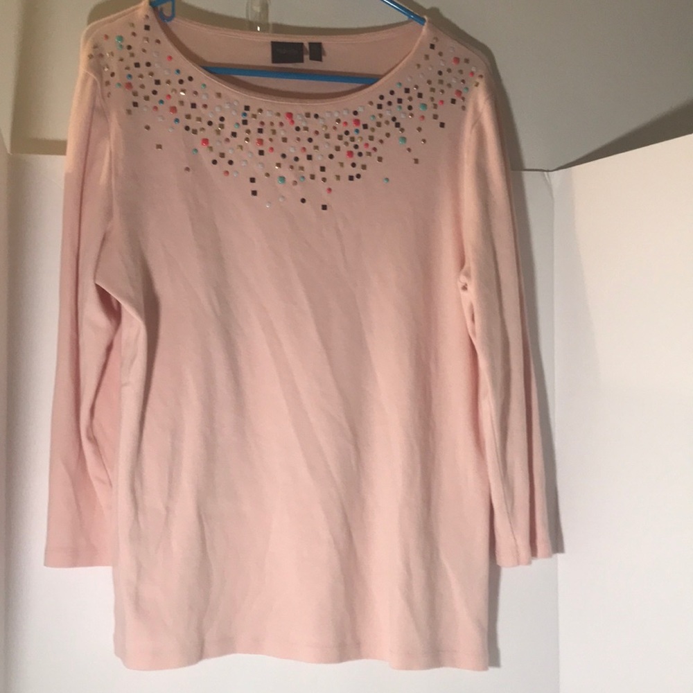 Rafaella top size xl long sleeves peach multi colored embellishments casual